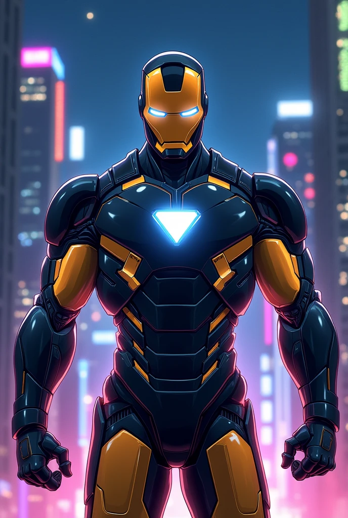 Make me a superhero whose suit is super advanced technology and looks like Iron Man and is an animated anime version and his suit is black and shiny gold and his emblem is shaped like a triangle 