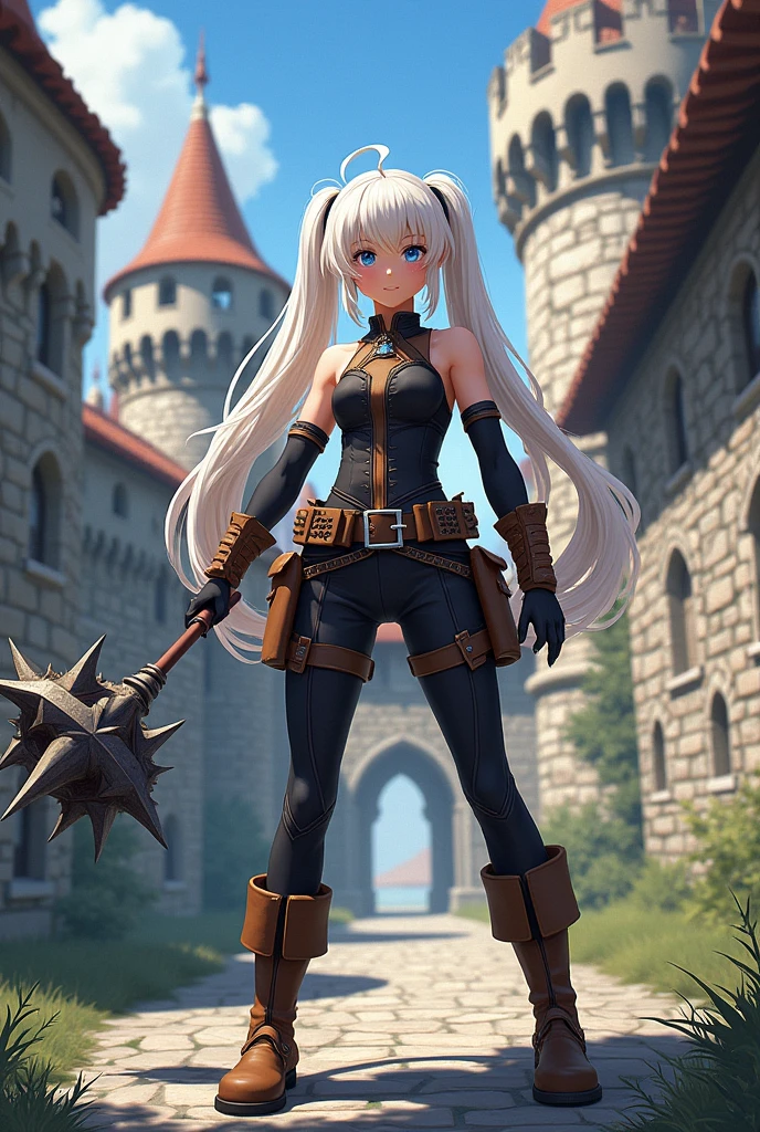 Artwork, best qualityer, 2d anime style, White girl, Twin Tails Hair, long hair, blonde, blush cheeks, blue colored eyes, black short jumpsuit, brown details, sleeveless, elbow gloves, waist belt, excited expression, medieval theme, RPG, fundo do castelo, mace with thorns attached to a chain, em motion. fully body, conceptual artwork, large brown boots, dynamicpose, motion, neckline.