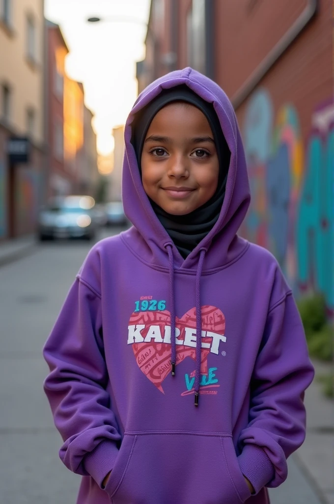 White Muslim girl with chocolate eyes and wearing purple streetwear