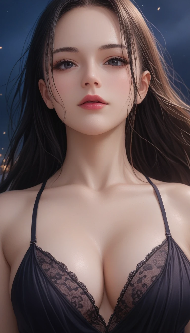 score_9, score_8_superior, score_7_superior, High-resolution 3DCG illustration,A masterpiece in 32K resolution,Highest quality,it is really amazing,Very detailed,Ultra-high resolution,Ultra-realistic,Realistic,Increased depth of field,Cinematic lighting,
Sexy mature Japan woman,
Glossy black hair,Wavy long hair,Showing his forehead,god々Beautiful,Ultra-detailed and beautiful face,Sensual look,Beautiful dark brown, moist eyes,Pitch black eyes,Glowing, moisturized skin,Translucent white skin,born々New skin texture,Great proportions,
Black camisole long dress,Black panties,
Wide open chest design,Deep slit showing the thighs,Detailed race decorations,詳細なborn地の質感,
A dark and blurry night background,Dark overcast sky on a dull night,Dark clouds filling the sky,Thundercloud,Coastline at night,Golden reflections on the sea surface,delay々A desolate sandy beach that continues,
Beautiful cleavage,Face close-up,High angle,