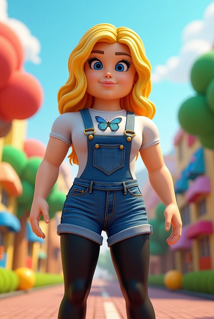 A Roblox avatar with blonde hair, wearing overalls with a blue butterfly shirt and black pants.