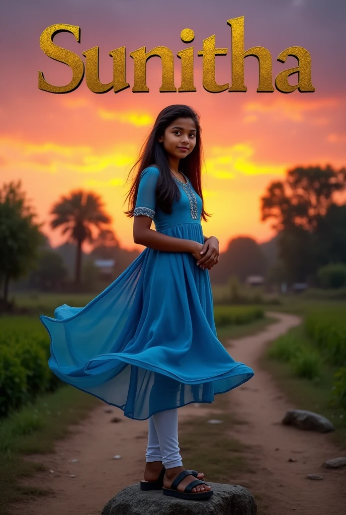 One girl age 18 , stand on stone wears metalic smart watch, folded only her left hand and leave her right hand freely wears blue colour dress and white colour legin pand and wears Black colour chappal and her personality have some bold and above the chest have big booms and sky in sunset mood,in background village and trees and crops and written Sunitha name on the sky at her background with gold metallic letters