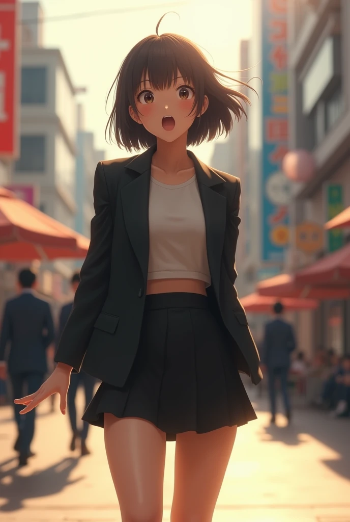 (Photorealism:1.2), Beautiful Japanese girl with short hair.
She is making a surprised expression, screaming.
She's wearing a long-sleeved shirt, a black suit jacket,
a short black skirt that is stretchy and delicate.
And stockings.: Nude stockings
Black high heels
((( full body )))