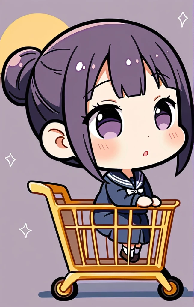 Chibi character, deformed character, one girl. A girl with straight, dark purple hair that reaches down to her waist. She is riding in a shopping cart. She is wearing a dark blue sailor uniform with white accents. The background is a highway with a quiet seaside view at dusk, and she has a calm expression.