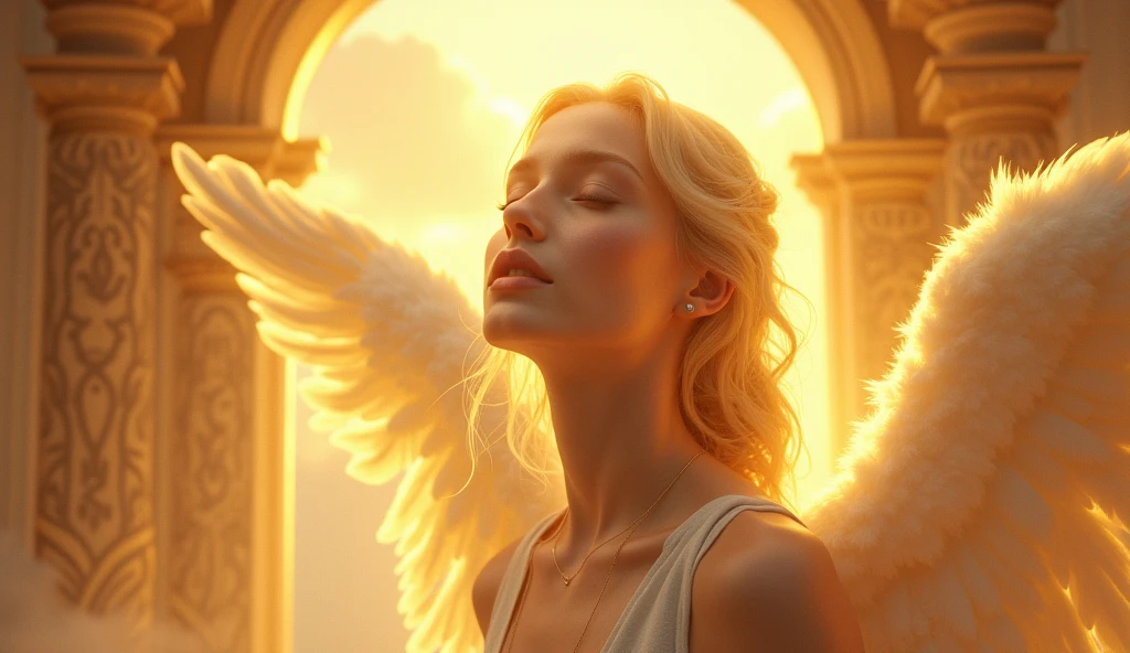 face of an angel facing forward entering the gates of heaven, beautiful bright gold colors, ultra realistic 4k, looking straight ahead, FantasyStyle