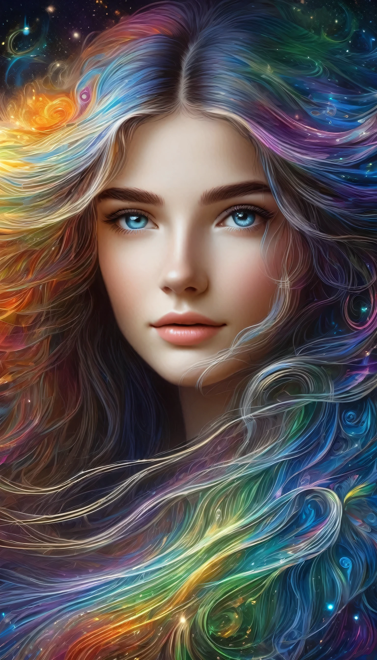 Against an illuminated background, colored in rainbow colors and blurred by a sparkling aura of magic and grace, a beautiful girl, 23 years old, long, light, curly and flowing hair, perfect and detailed face, clear and penetrating eyes, earrings and intricate choker, delicate and gentle flower. hair. This digital painting captures her ethereal beauty in exquisite detail, from the delicate swirls of her movements, to her long gown of shimmering, iridescent mystical silk, embroidered with intricate, detailed gold threads. Vibrant colors and complex textures bring the mystical figure to life, beckoning viewers into a world of enchantment and wonder. in HD.