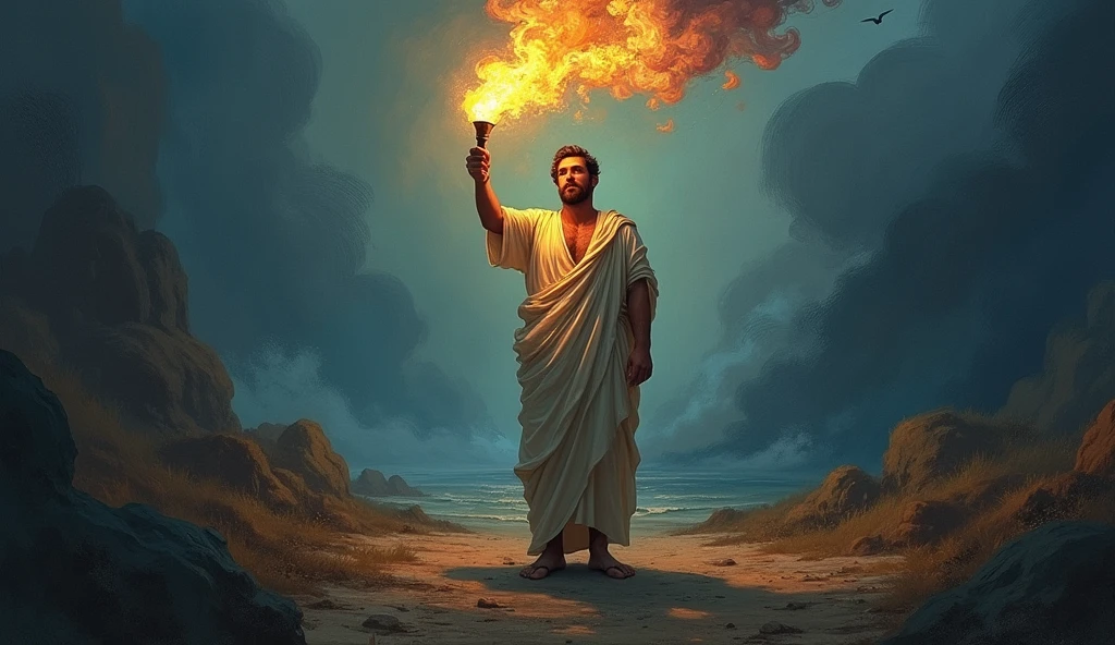 “A male stoic philosopher with a well-proportioned and attractive physique, not excessively muscular. He is wearing classic tunics, slightly transparent, that gently drape over his body, subtly revealing parts of his shoulder, with a very short and well-groomed beard, and wavy, well-stylized hair. He is depicted with a determined expression, holding a torch that casts light into a dark, shadowy landscape, symbolizing the guidance of Stoic wisdom through betrayal. The scene is set in a vibrant, impressionist landscape with rich colors and dynamic brushstrokes, creating a sense of movement and emotion. The background has a subtle texture that adds depth but complements the text without overpowering it.