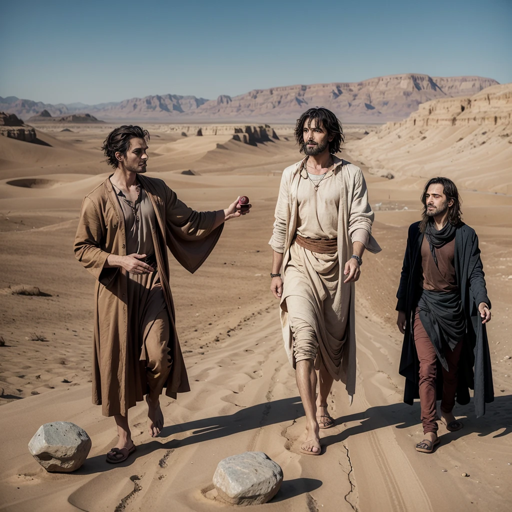 The messiah walking in the desert and the devil offering him a stone