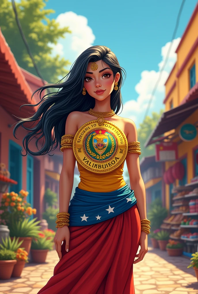 a dark grey long haired Furry girl with a tail and wolf ears and big but not so big breasts holding the flag of Venezuela, She is wearing a light purple dress with even lighter purple lines and gloves.