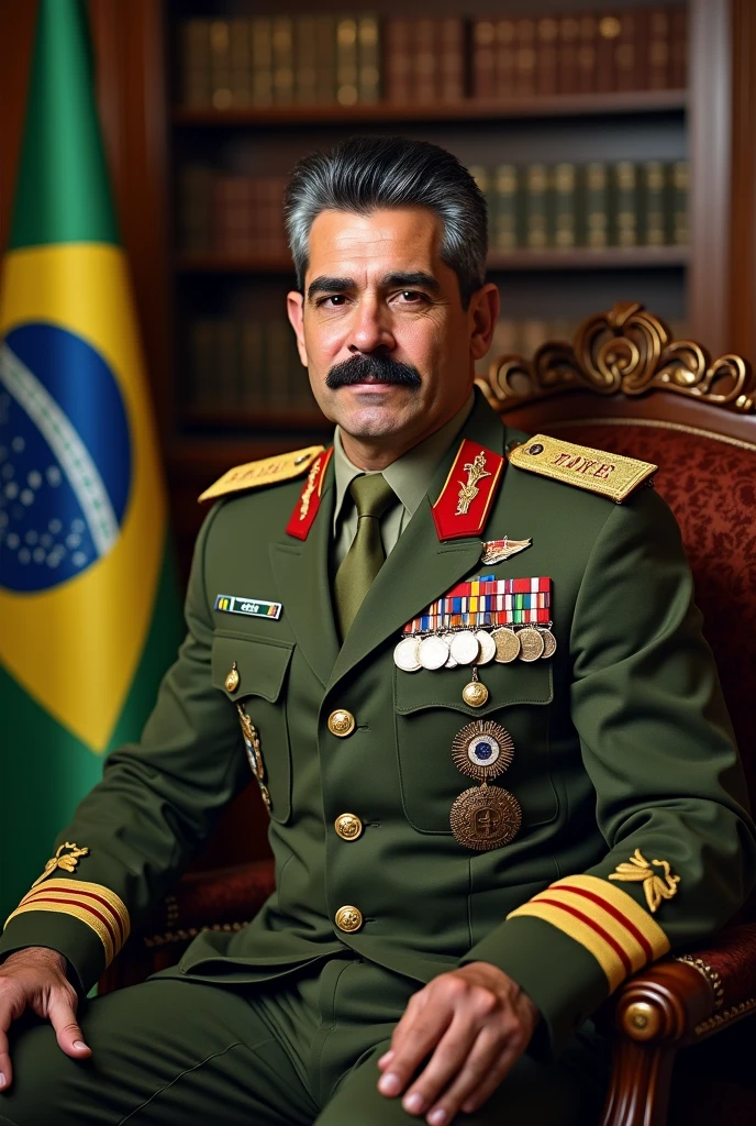 A realistic and detailed portrait of a Colonel of Roman descent in the Brazilian army, around 40 years old., has an athletic and robust body, with black and gray military hair on the sides, and a thin scar on his face like a mark of bravery, he has a mustache. He is wearing a high-ranking olive green uniform of the Brazilian Army officer, adorned with medals and decorations. The background features an office of the Brazilian Army, with books and Brazilian flags, integralists and fascist, He is a realistic coat of arms, which contributes to the atmosphere of authority and respect. The veteran is sitting in a comfortable armchair, exuding wisdom and strength, and looking like a respected and esteemed leader