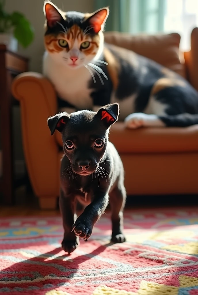 A small black pinscher, a frajola cat and a tricolor cat