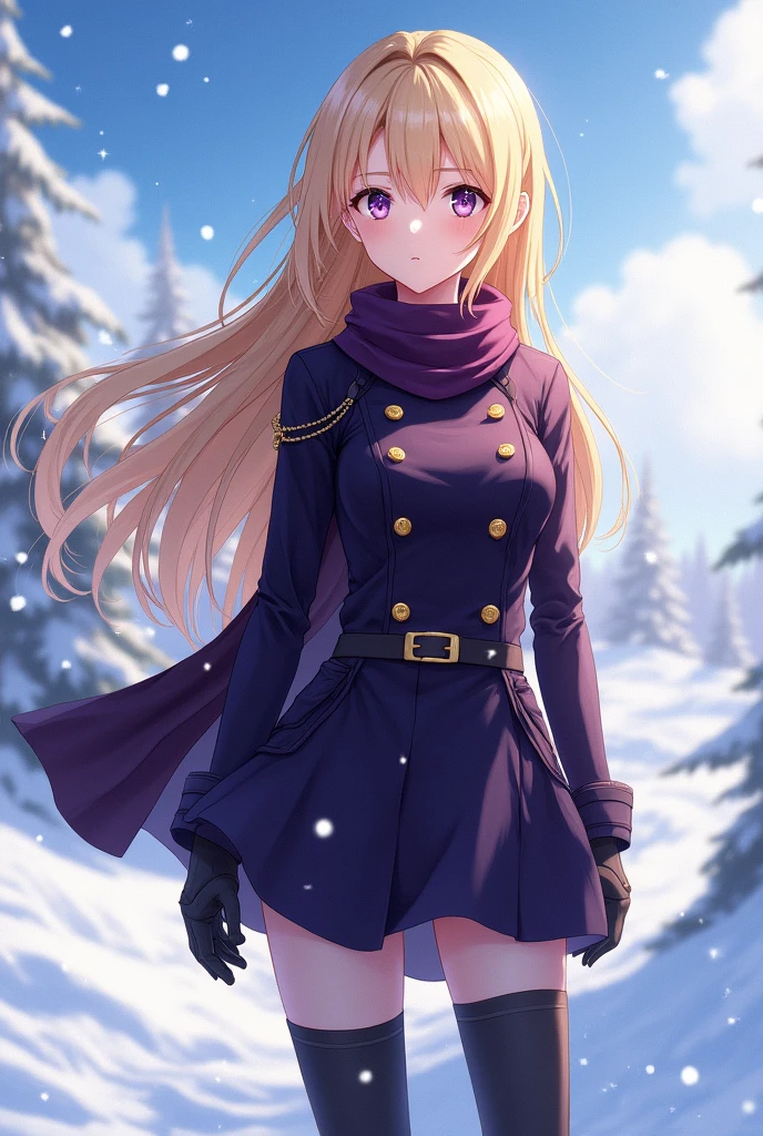1 girl, ager, long blonde hair, purple eyes, female military clothing in purple and black, full body, looking at the horizon in a stylish way, illustration reference to the anime Akame ga Kill, background with falling snow