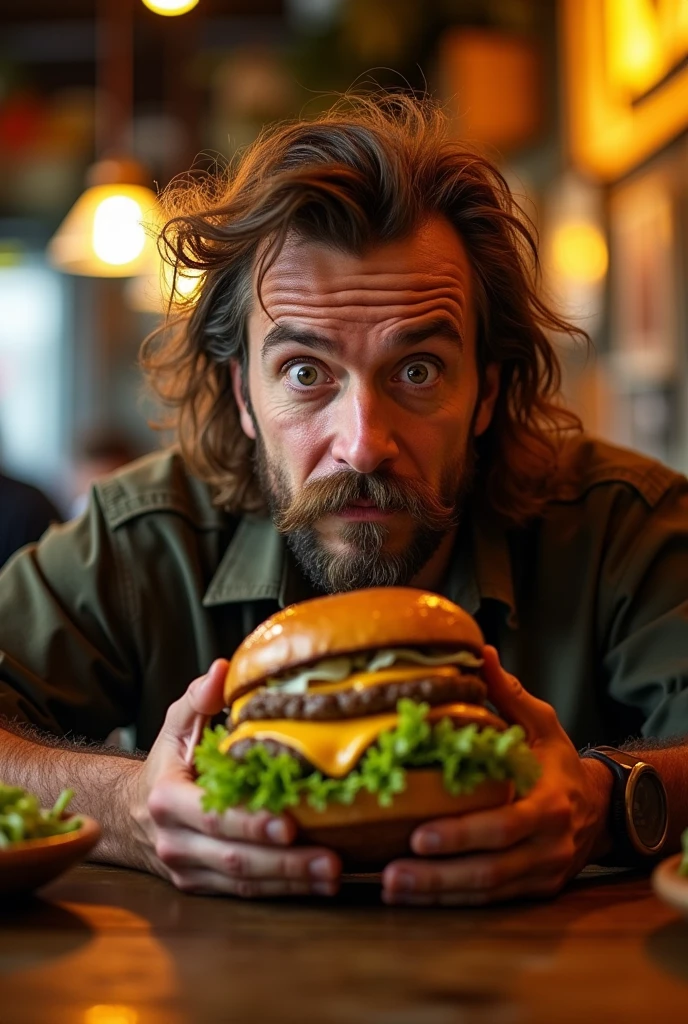 A clueless man with thick moustache but no beard and mullet hairstyle eating burger in dim light restaurant while looking at camera 