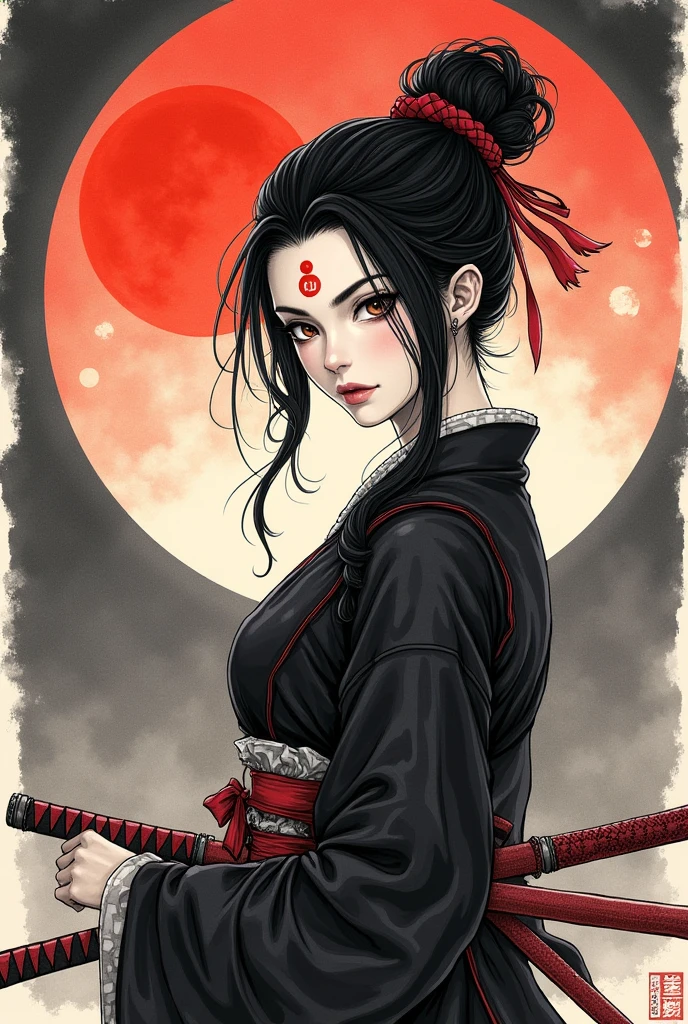 Ink painting, (((1 girl))), (((Tattoo in the middle of the forehead))),(((In the background is the Akatsuki moon))), (((Oiran))), (((Great hair accessories))), Demon possession, (Highest quality、 8 k 、Masterpiece、High accuracy)、Japanese samurai、1. man、Edo period girl swordsmanship、Musashi Miyamoto、Master of dual wielding、Holds the sword grip、Anime Art、(Blade length is about 80 cm.、Short leg, Approximately 20 cm.、The sword has a round tsuba)、Official art、CG مفصل、