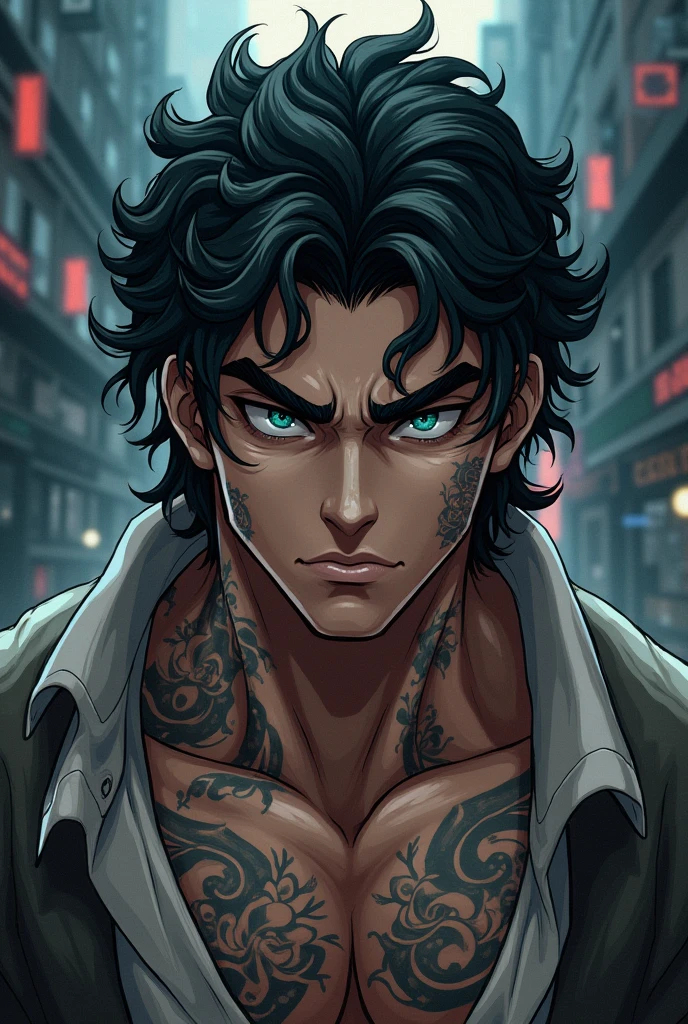 anime drawing, man, Curly hair , semi long hair, black hair with white, wolf cut , intimidating and cold stare, blue eyes with green, hunter-shaped eyes, bushy eyebrows , thick pink lips , curly and long eyelashes , intimidating appearance,cold and attractive,handsome , belleza masculina y demásiado handsome, muscular like Andoni the gymrat , tattoos on the neck and arms and scars on the arm and that the image can be seen all over the body