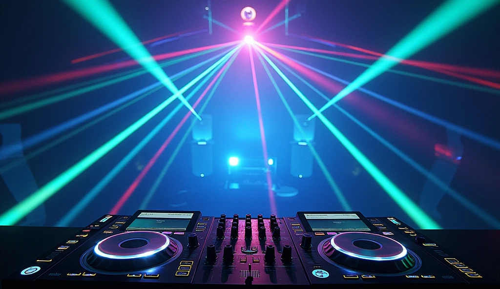 Create a dynamic and visually striking cover for a remix that combines the iconic trance elements of DJ Tiesto's "In The Silence I Believe" with the intense bass house beats of Malaa's "Enzo." The image should feature vibrant, pulsing lights and energetic waveforms that represent the fusion of these two powerful tracks. Incorporate elements like a futuristic DJ setup with glowing turntables, a dark and atmospheric club scene with a laser light show, and abstract visuals that evoke both the tranquility of trance and the raw energy of bass house. The colors should be bold and contrasting, with shades of blue, purple, and neon green dominating the palette. Add a touch of metallic and chrome effects to enhance the modern, cutting-edge feel.