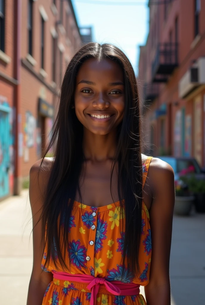 black girl with long face, straight hair and big forehead
