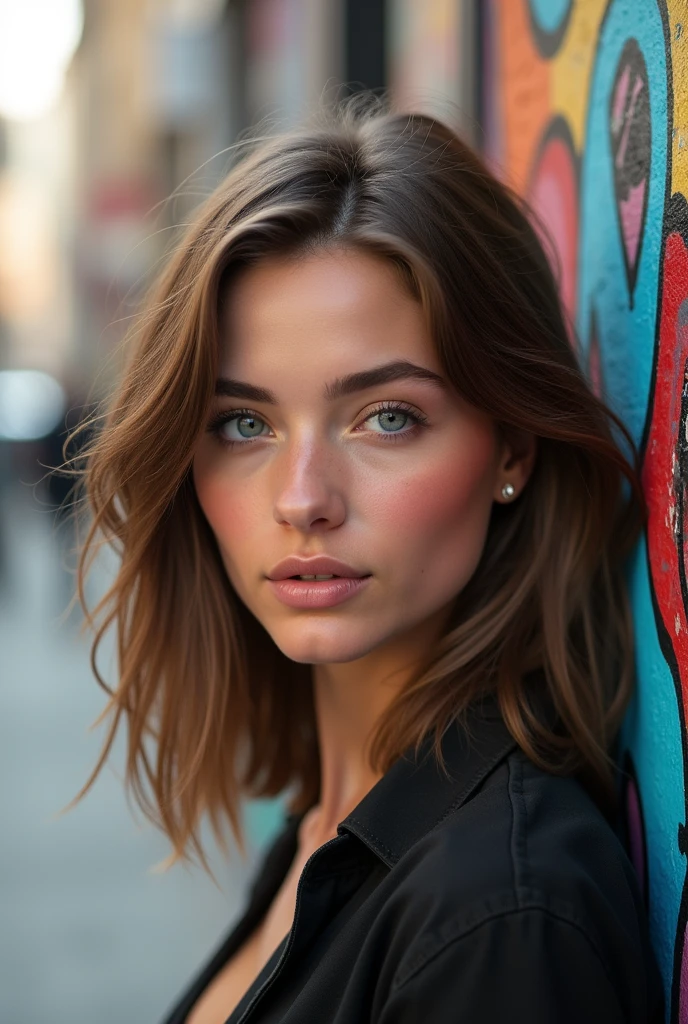 25-year-old female model, shoulder-length brown hair, clear blue eyes, face perfect, PICTURE REALISTIC,