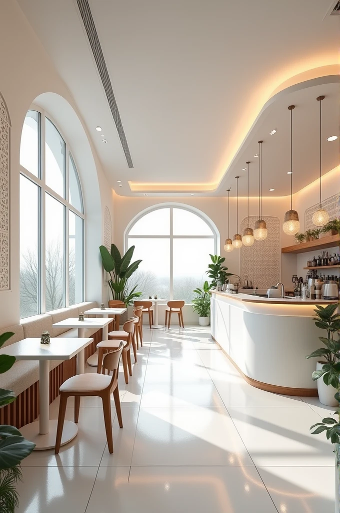 Could you help me create realistic images of my dream coffee shop where the concept is modern with white color, I want the place to have latticework and LED lights, I want the seats to be cushioned, I want there to be space to go alone or with someone, I want the place to be spacious, I want the name of the place, which is “argenacob”, to appear somewhere and preferably give me 4 images with different views of the place please