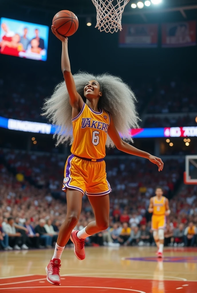 A beautiful youthful looking American version of Ariana Grande as a 50 years old woman with very long hair completely gray hair in a long big curls styles as a retired
NBA player wearing her old NBA jersey shooting the ball in the basket in a nba stadium she is smiling for the camera