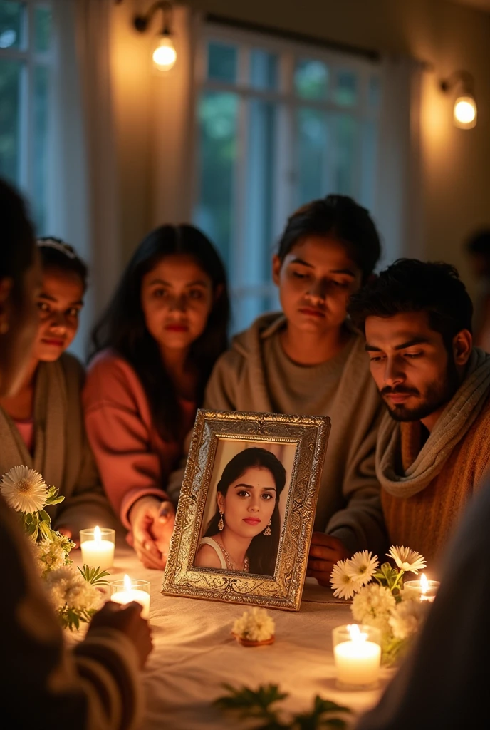 It is with a heavy heart that we inform you that our revered mother, Mrs. Kanta Ji, has completed her worldly journey and passed away on 13.8.2024. A final prayer for her eternal peace will be held on 23.8.2024.  
Date: 23.8.2024  
Time: 01:00 PM - 02:00 PM  
Location: Community Center, Sector 19B, Chandigarh  
Grieving Family  
Paramjit Singh (Son)  
Harvinder Kaur (Daughter-in-law)  
Gopal Krishna (Nephew)  
Manjeet Kaur (Daughter-in-law)  
Aditi (Granddaughter)  
Divyansh (Grandson)  
Yashika (Granddaughter)

Create a picture based on text on someone death message 