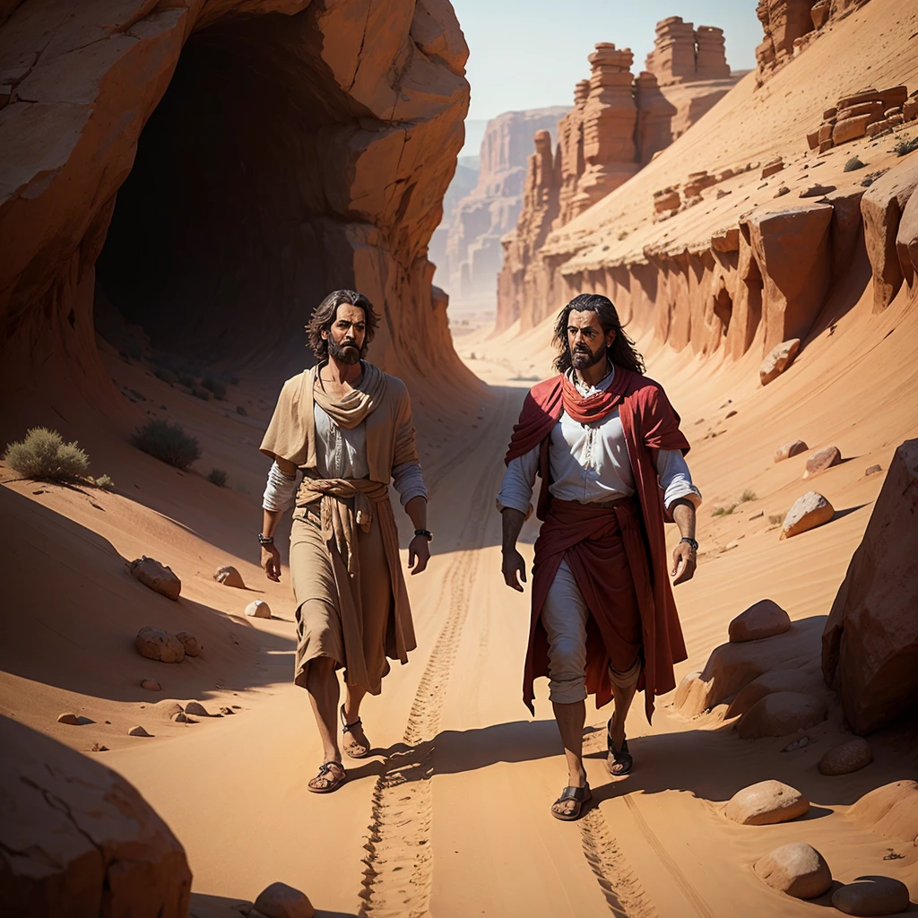 The messiah walking in the desert and the devil offering him a stone