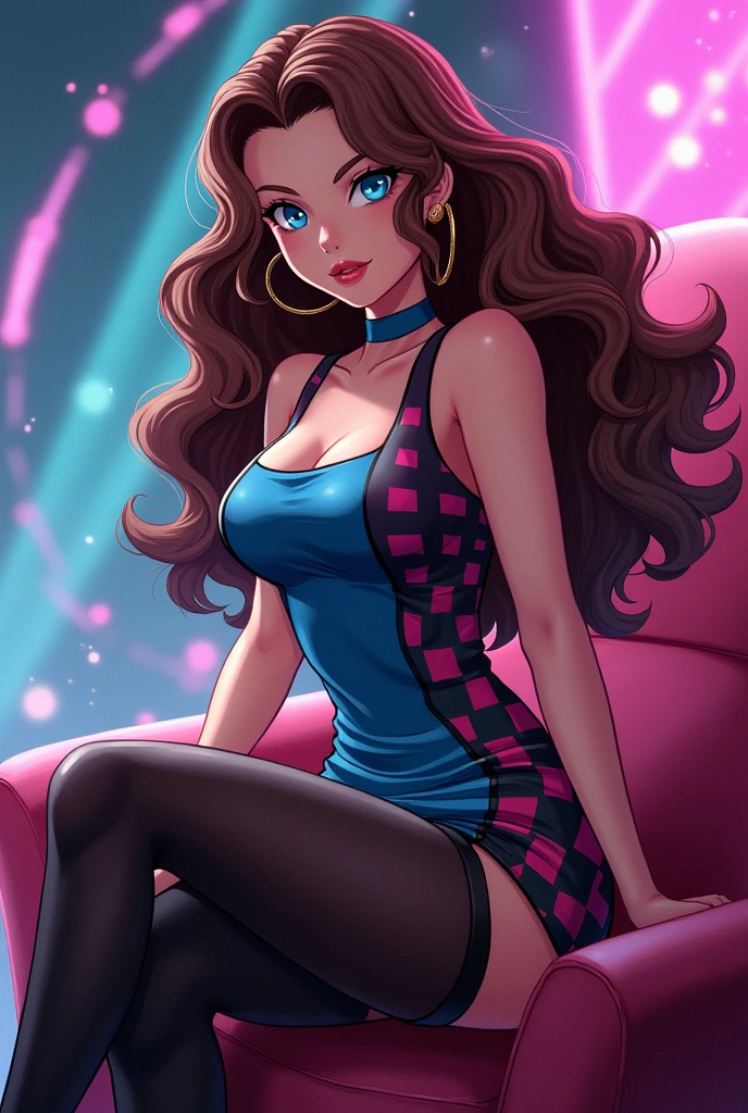 Android 21 from dragonball brown hair, long hair, curly hair, blue eyes, hoop earrings, two-tone dress, checkered dress, sleeveless, black pantyhose, thick thighs, sitting on you pov,