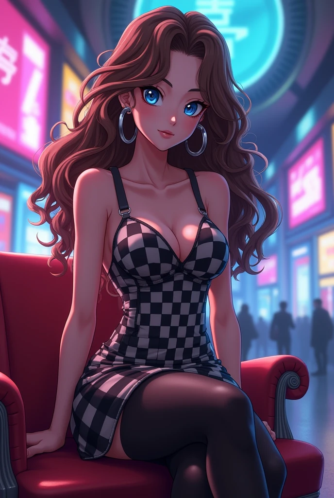 Android 21 from dragonball brown hair, long hair, curly hair, blue eyes, hoop earrings, two-tone dress, checkered dress, sleeveless, black pantyhose,  thick thighs, sitting on you pov,