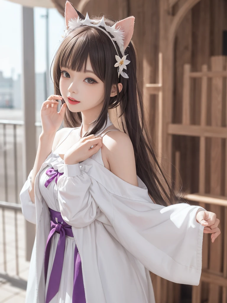 Young asian girl, short black hair, straight, with a blue kimono, pink and lilac, sitting in the river, with white fox ears and tail, with a sakura flower on his head, happy, with water in his hands 