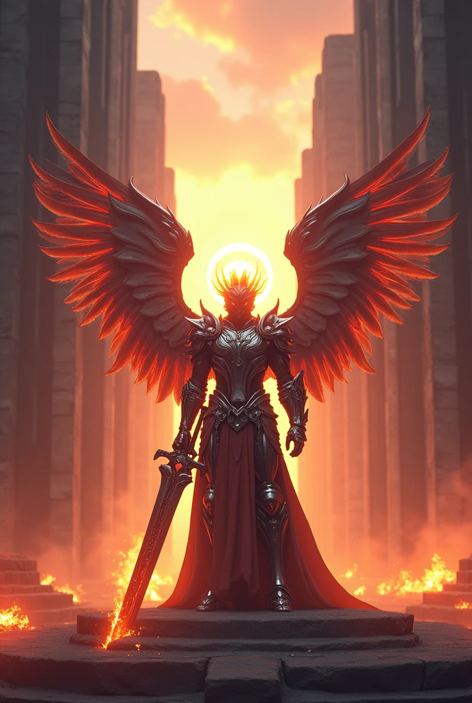 a futuristic armored paladin with wings,greatsword,flames around him,halo,standing in front of a temple,(best quality,4k,8k,highres,masterpiece:1.2),ultra-detailed,(realistic,photorealistic,photo-realistic:1.37),ray tracing,anatomically correct,retina,HDR,UHD,studio lighting,ultra-fine painting,sharp focus,physically-based rendering,extreme detail description,professional,vivid colors,bokeh,concept art