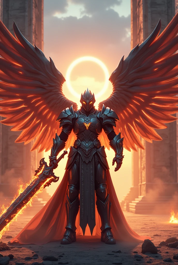 a futuristic armored paladin with wings,greatsword,flames around him,halo,standing in front of a temple,(best quality,4k,8k,highres,masterpiece:1.2),ultra-detailed,(realistic,photorealistic,photo-realistic:1.37),ray tracing,anatomically correct,retina,HDR,UHD,studio lighting,ultra-fine painting,sharp focus,physically-based rendering,extreme detail description,professional,vivid colors,bokeh,concept art