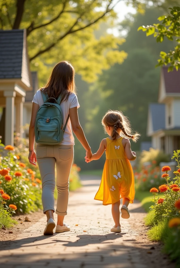 a lady taking her daughter to school