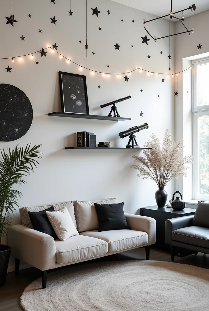 Aesthetic room with astronomy decor, with white wall, and black decoration

