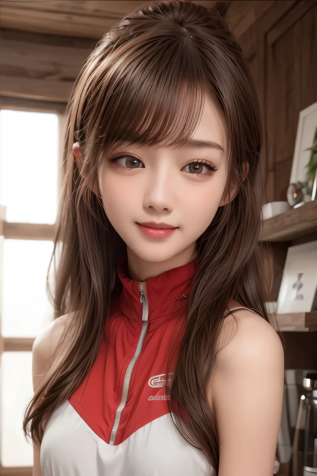 A close up of a woman with long hair wearing a red and white top ...