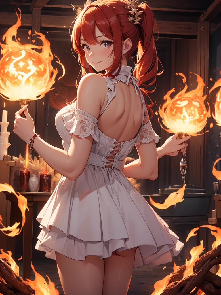 (((best quality, sharp image, clear image, cinematic lighting, 8k resolution, masterpiece, ultra detailed, intricate))) Girl, (((looking over left shoulder))), (shot from behind), ((shot from hip up)), fiery red hair, pigtails, ((white dress)), ((flaming sigils, flaming runes)), spiky rock formations, (flaming lotus flowers frame), (intricate background), ((Phoenix)), (swirling flames), smiling