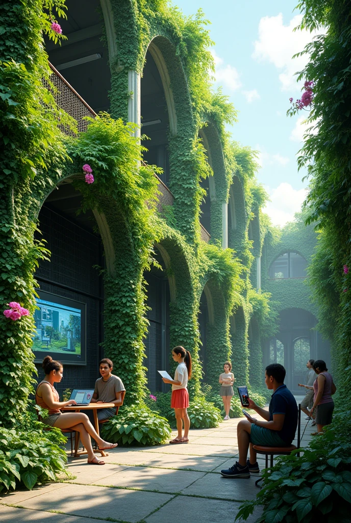 1. Uma imagem de um data center eco-friendly com plantas ao redor.
2. A recycling icon with electronic components.
3. A diverse and multicultural IT team assembled.
4. An image of a social action supported by technology, like a child learning on a computer.