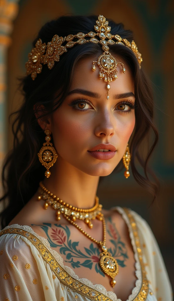 Full body pose golden rainbow tattoos on face and little brown diamond jewelry tanned skin arab hairs style Arabian figure eternal lady face lips bite tease hyperealism photorealistic 7k best background wallpaper makeup model style hairs Arabian makeup siren eyes arab bad tattoos of face tattoo queen sitting in royal castle. The background should be a magical swirl few dust small white amber blue flower with some trees, conveying a sense of peace and spirituality