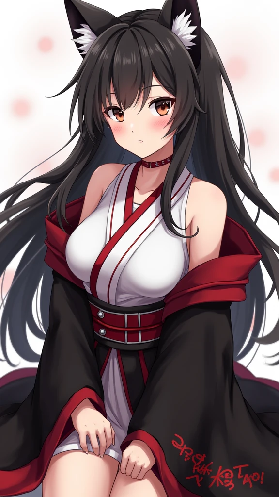 ff14 Miqote girl samurai anime style 1 black、white、Red as the base color Anatomically correct long wolf cut Slight exposure Western-style arrangement of kimono Off-shoulder