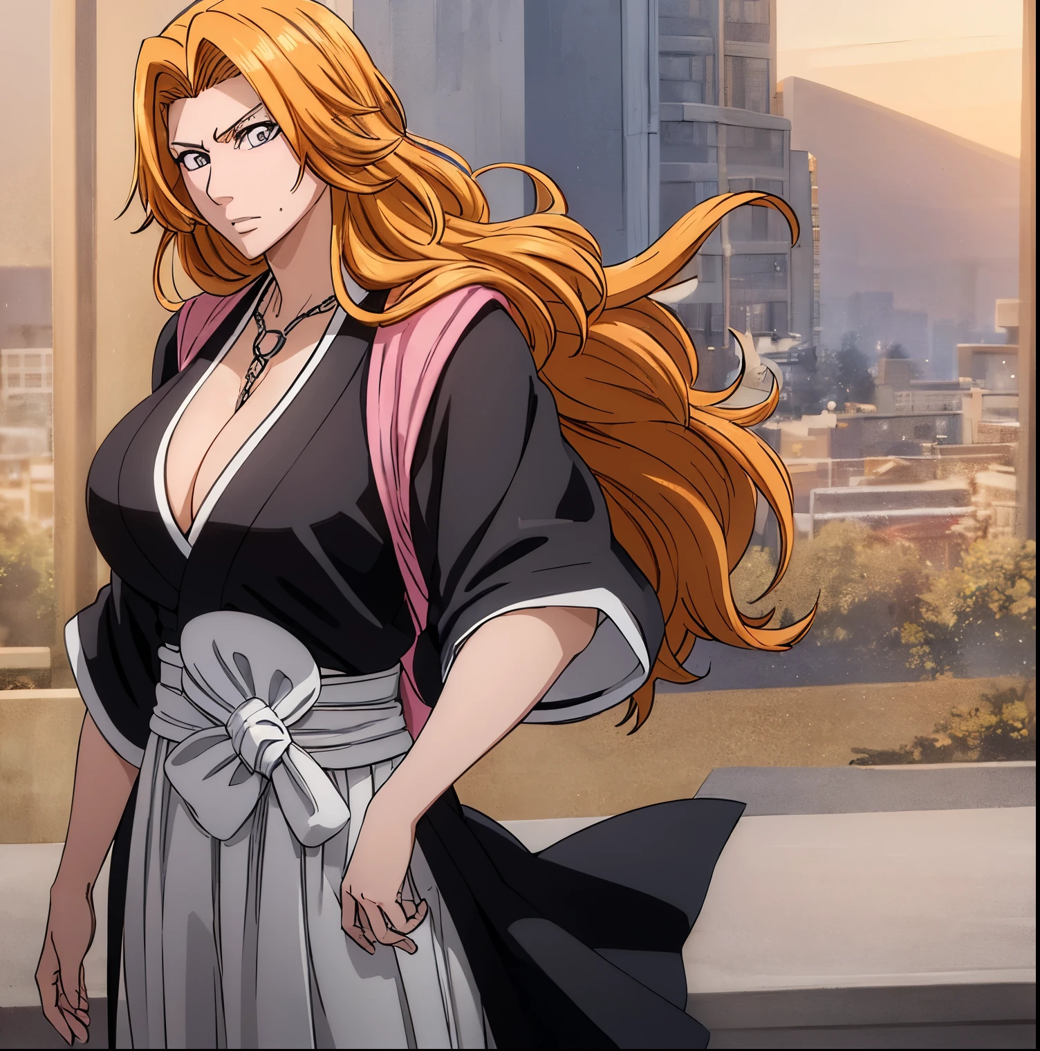 1girl,alone, rangiku matsumoto, long hair (gray eyes: 1.5), orange hair, mole, mole under the mouth, split bangs, long sleeve, neckline, jewelry, Japanese clothing, kimono, necklace, black kimono, hakama, black hakama, sash, white sash, indoors, in classroom, looking at viewer, full height, sharp focus, cowboy shot, dynamic pose, (cowboy shot: 1.5), (masterpiece: 1.2), best quality, high resolution, Unity 8k wallpaper, (artwork: 0.8), (beautiful detailed eyes: 1.6), extremely detailed face, perfect lighting, extremely detailed CG (perfect hands, perfect anatomy) , standing:1.3,(alone),Looking forward,((focus on breasts)),point of view:(from above),