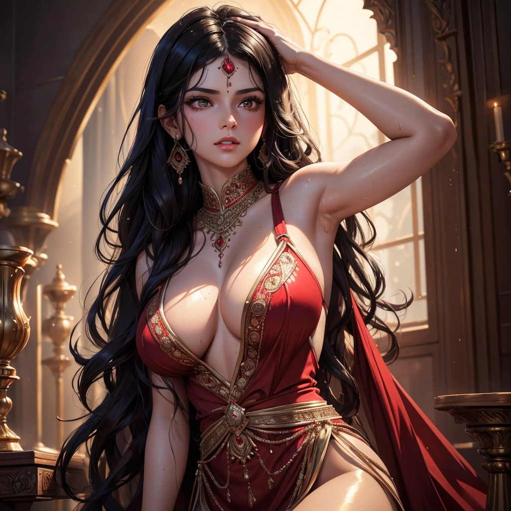 Single beautiful persian princess, wearing a fitted wet red sharara, long wavy black hair, (visible extremely sweat dripping from armpits 9.9) , (fully body covered in extremely glistening and shining sweat 9.9) , big breasts, white skin, backside visible with detailed facial features, beautiful detailed eyes, beautiful detailed lips, extremely detailed face, long eyelashes, portrait, (best quality,4k,8k,highres,masterpiece:1.2),ultra-detailed,(realistic,photorealistic,photo-realistic:1.37),dramatic lighting, warm color tones, vibrant colors