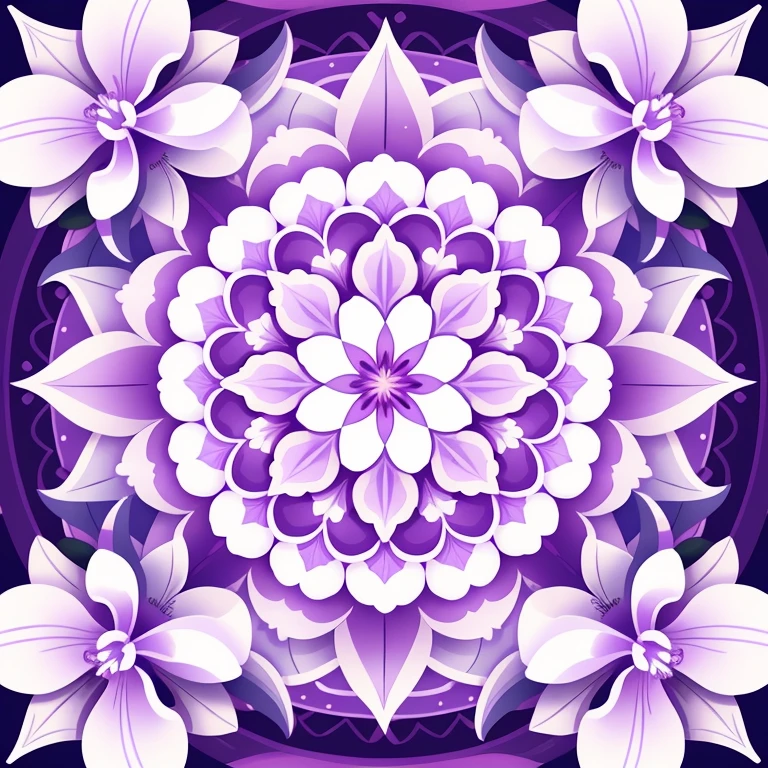 mandala illustration BACKGROUND white, circular with border, violet, lilac field flower, violet flower, center orchids, 8k, brightness, nature, full picture uncut
