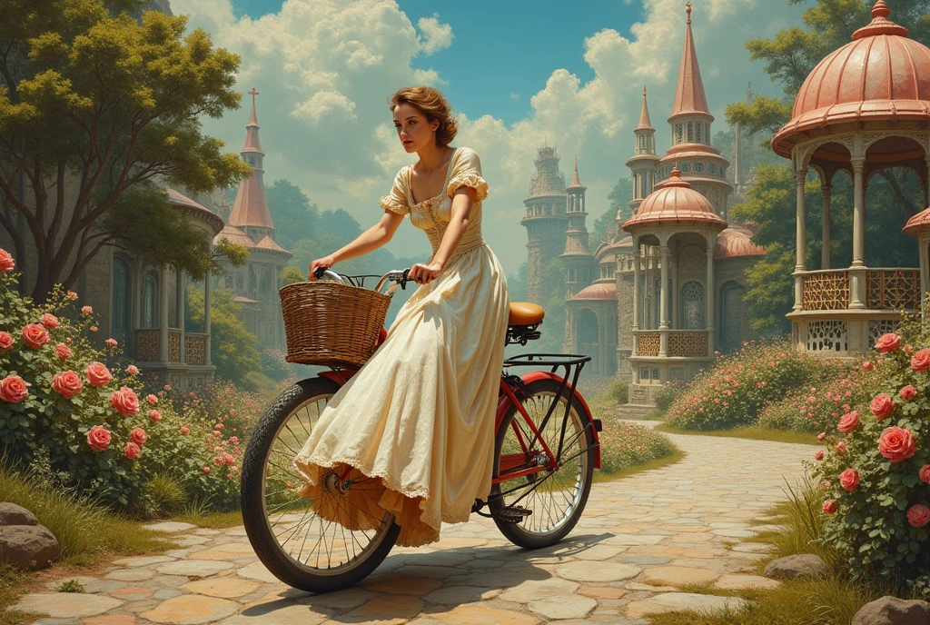 (masterpiece,top quality,perfect detailed Louis Icart style) ,one beautiful lady in long dress awkwardly rides a bicycle, a large and wonderful aesthetic that manifests itself in detail,ultra-detailed,((Louis Icart style)), (oil painting),detailed illustration, (best quality, masterpiece:1,1),grotesque,intricate details,tempering, (aesthetics),excitement,hyperrealistic,insanely detailed