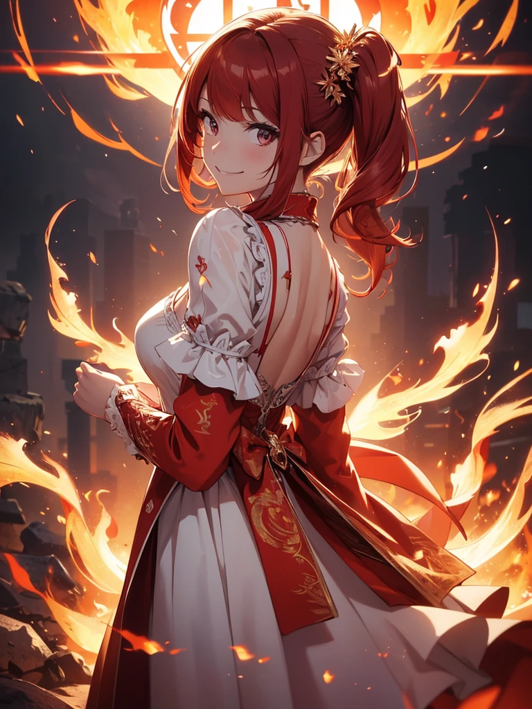 (((best quality, sharp image, clear image, cinematic lighting, 8k resolution, masterpiece, ultra detailed, intricate))) Girl, (((looking over left shoulder))), (shot from behind), ((shot from hip up)), fiery red hair, pigtails, ((white dress)), ((flaming sigils, flaming runes)), spiky rock formations, (flaming lotus flowers frame), (intricate background), ((Phoenix)), (swirling flames), smiling