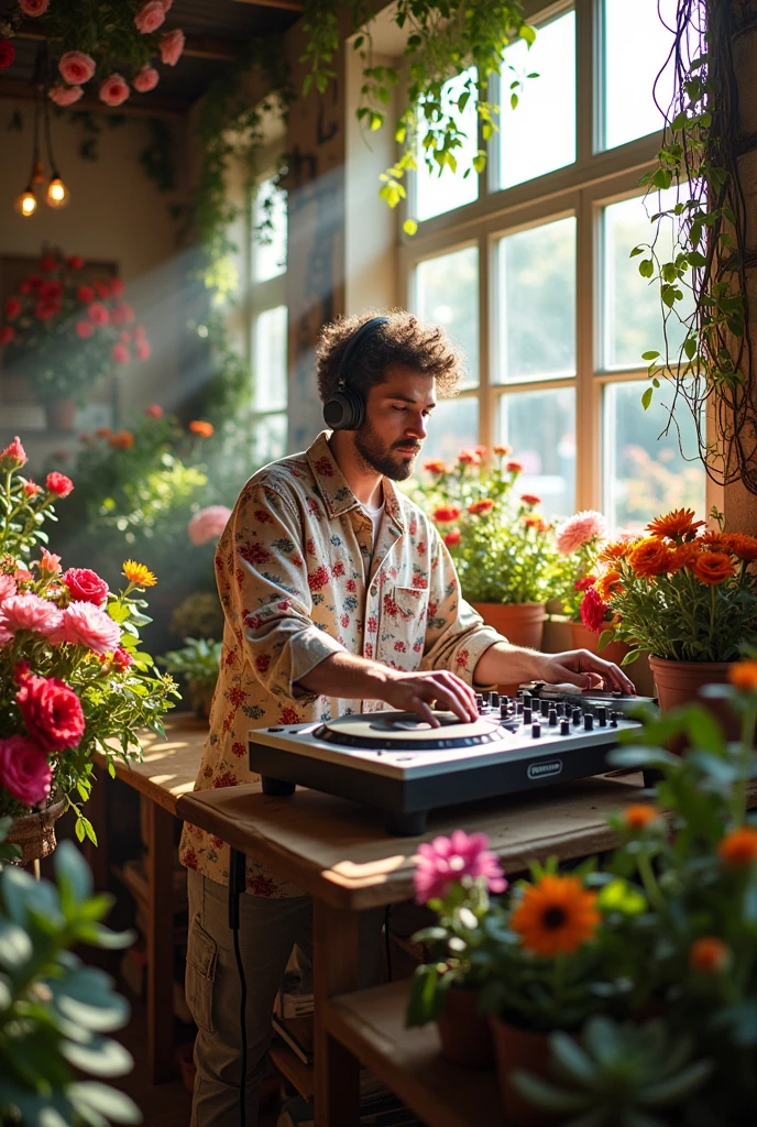 DJ playing in a flower shop