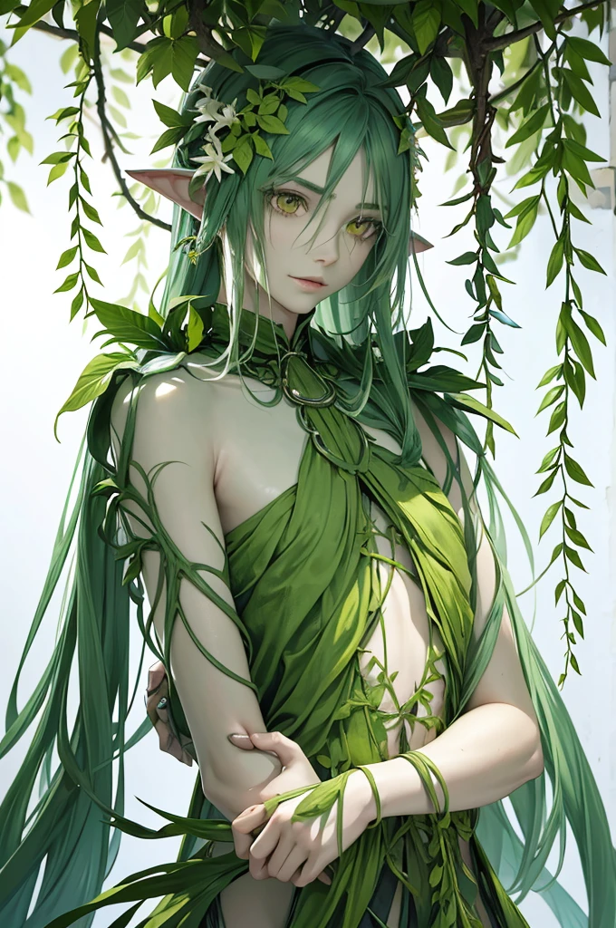 1boy, young male, teen, fairy, innocent face, cute face, youthful face, black eyes, fairy wings, flower fairy wings, pink fairy wings, long hair, green hair, thin body, short, sexy, skimpy, loincloth, flowers, plants on body, plant body, flowers in hair, plant outfit