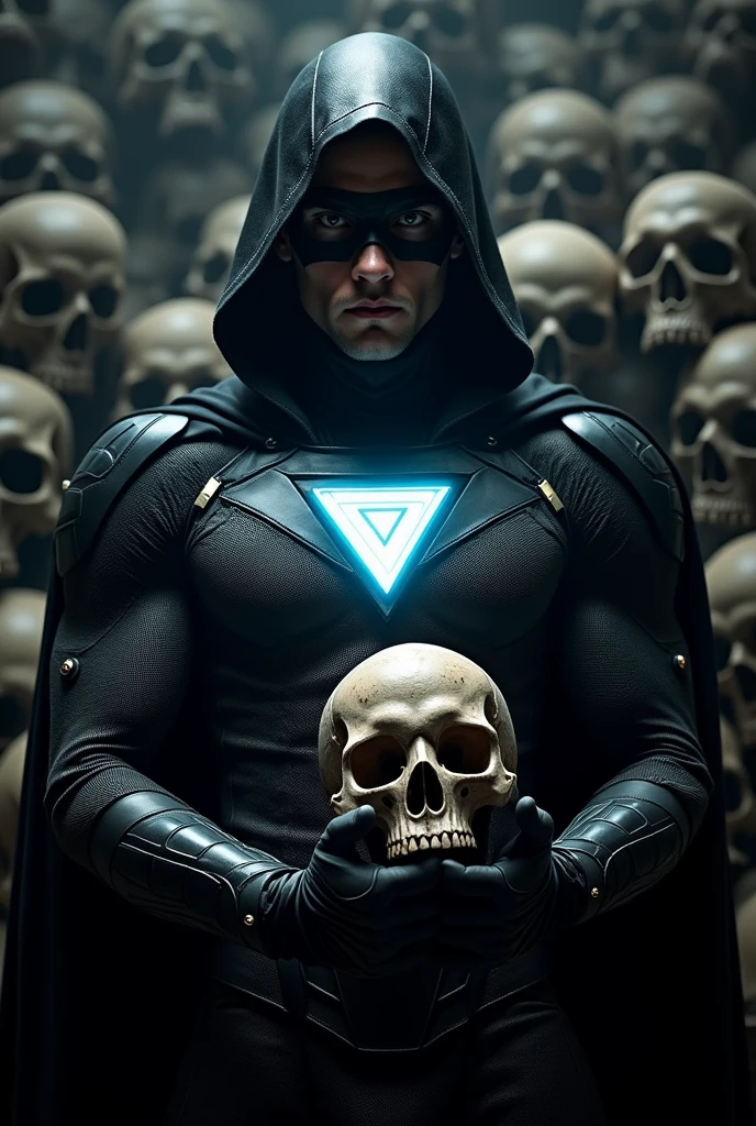 1man, white man, black superhero cowl, glowing upside down triangle, black tech suit with silver accents, black cape, black boots, holding a skull, skulls background