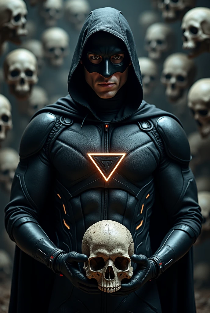 1man, white man, black superhero cowl, glowing upside down triangle, black tech suit with silver accents, black cape, black boots, holding a skull, skulls background