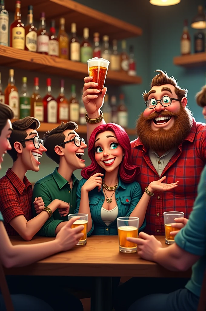 a woman and 3 skinny men and a fat man drinking jack daniels whiskey in a bar with shelves of liquor in the background, cartoon drawing style