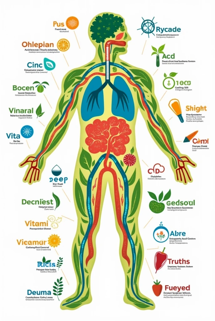 Create an image of different nutrients with their respective names, but encouraged, only nutrients that can be absorbed through the respiratory system and the circulatory system 