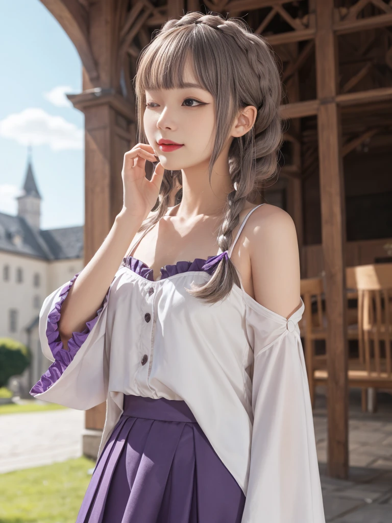 Highest quality、High resolution、Ultra-detailed、8k, Emilia、Emilia Masterpiece、Highest quality, In the castle courtyard, Bans, Clothes are white, 長いsleevemouth, just_shoulder, dull_前hair, Blurred, Blurred_background, Blurred_prospect, blush, Braid, chestout, chestの谷間, Closed_mouth, cloud, crown_Braiding, Tag, depth_In_Field, independent_sleeve, dress, Emilia_\(Again:Stay Night\), eyebrows_appear_Through_hair, flower柄, Precious stones, hair_flower, hair_Decorations have been removed, hair_ribbon, lens_Flare, length_hair, look up_in_Audience, low_length_hair, Moderate_chest, One_eye_Closed, Plein Air, Pleats_skirt, Spiky_ear, purple_eye, purple_ribbon, ribbon, Silver_hair, skirtの, null, Laughter, solo, very_length_hair, white_flower